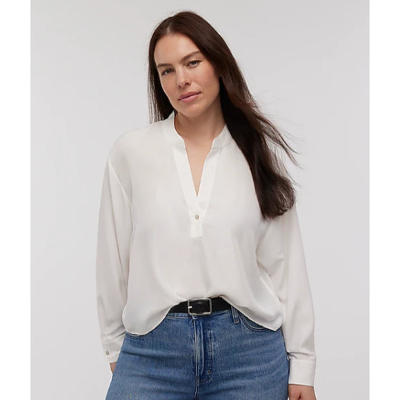 Madewell Long-Sleeve Popover Top Women's Med Lighthouse Silk Split Crewneck NWT - Picture 1 of 8